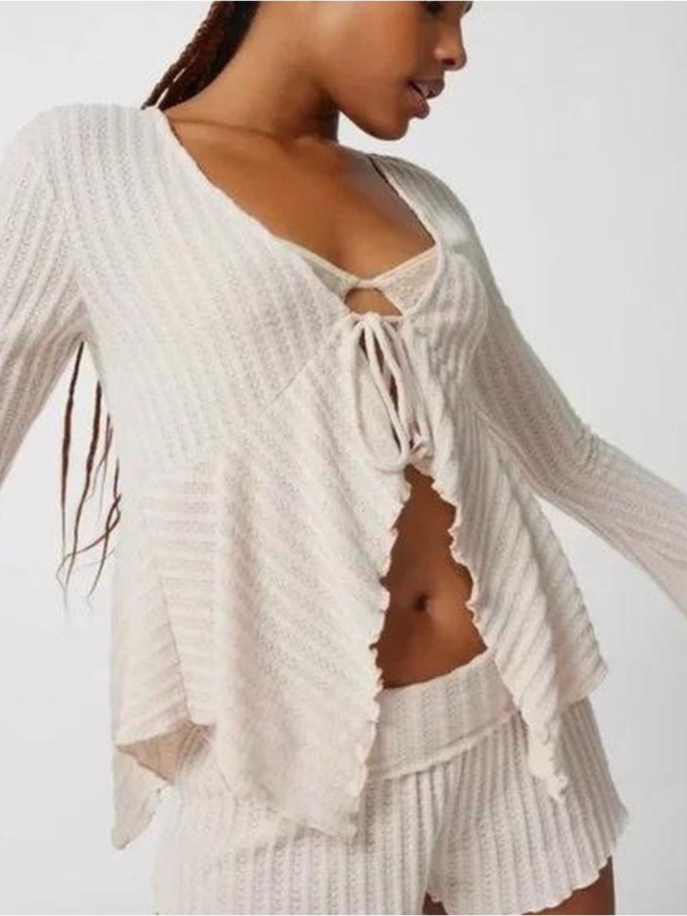 Light Cream Ribbed Tie-Front Knit Top - Women's